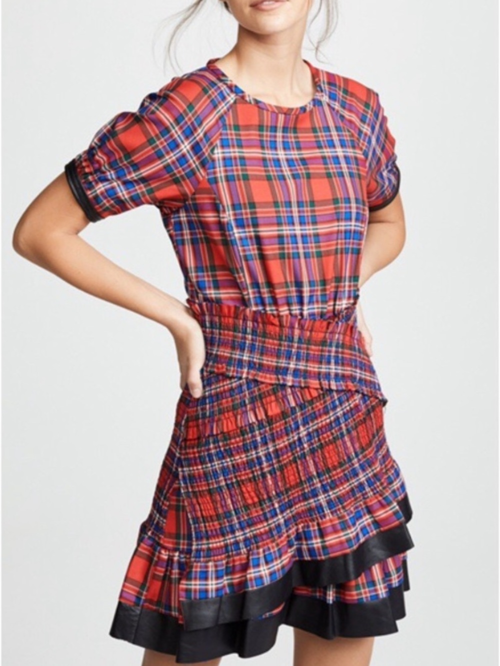 Tanya Taylor Nicole Red Plaid Smocked Leather Trim Mini Dress 10